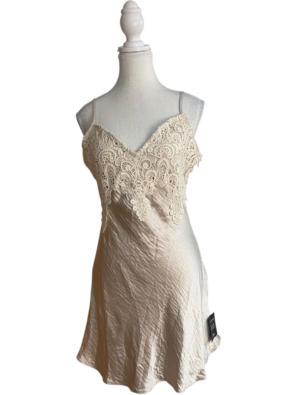 Lulus Maylene Satin Lace Trim Slip Mini Dress Champagne Beige